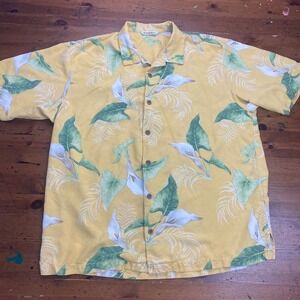 Tommy Bahama‎ 100% Silk Camp Shirt XL Yellow Floral Calla Lily Tropical Hawaiian
